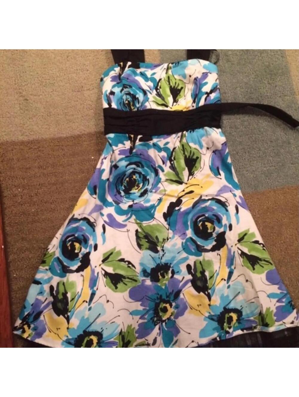 IZ Byer Floral Strapless Summer Dress with Black Waist Tie Size 9